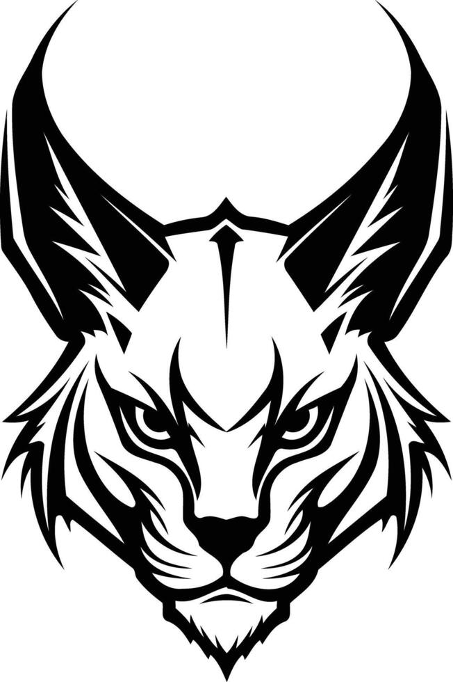 A fierce and stylized black and white lynx head illustration, perfect for tattoo designs, logos, or branding vector