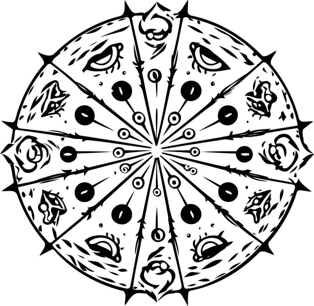 Intricate black and white mandala design featuring eyes, geometric shapes, and a central point of focus vector