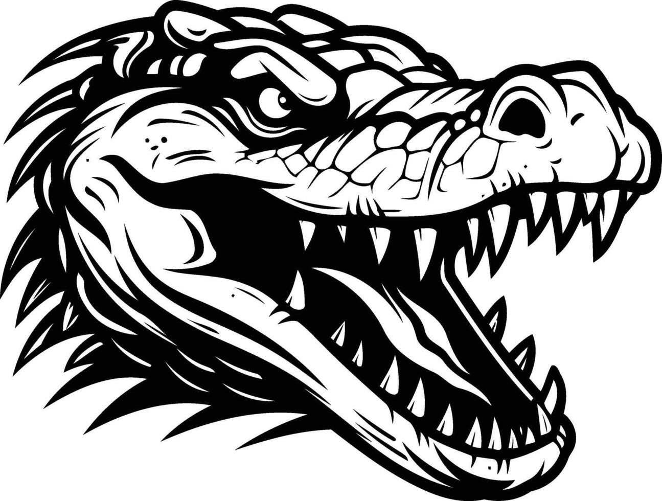 A fierce, black and white illustration of a dinosaur's head, with sharp teeth and an open mouth, perfect for tattoo designs, t-shirt graphics, or any project requiring a powerful and menacing image vector