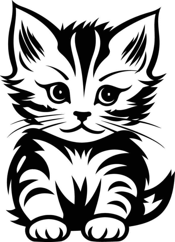 Adorable black and white illustration of a cute kitten, perfect for pet-related designs, greeting cards, and more vector