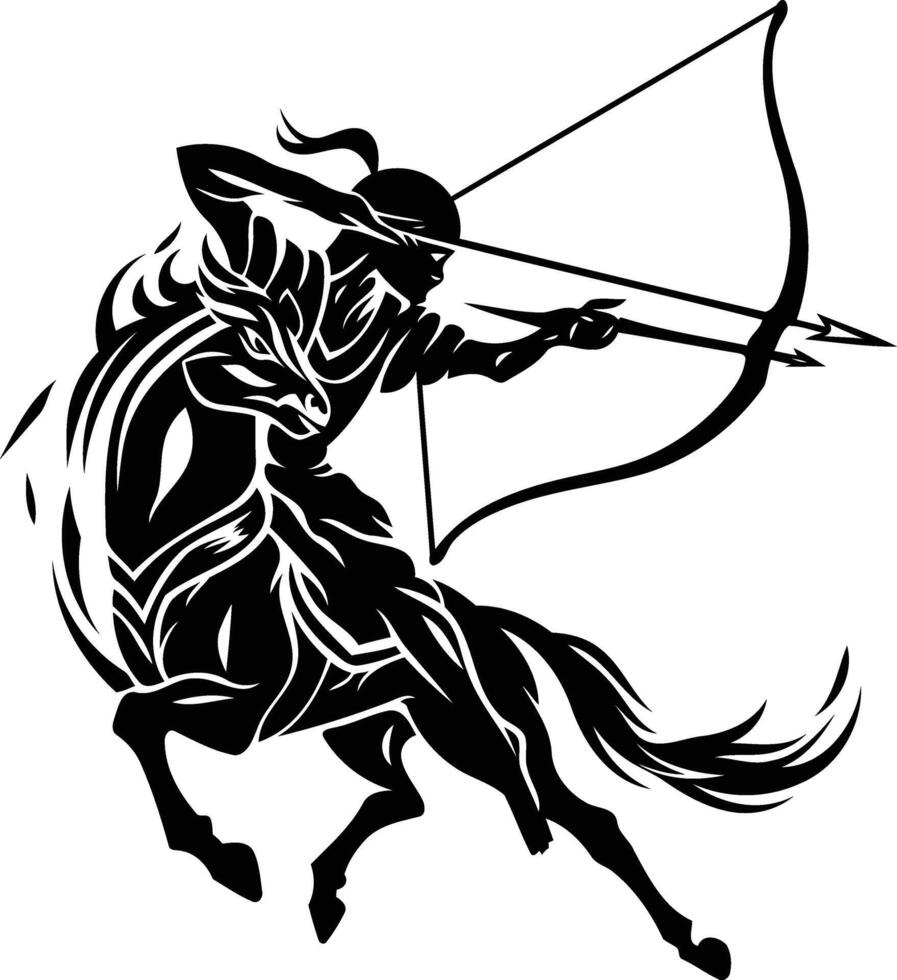 A powerful black and white illustration of a mythical centaur archer, drawing their bow and arrow vector