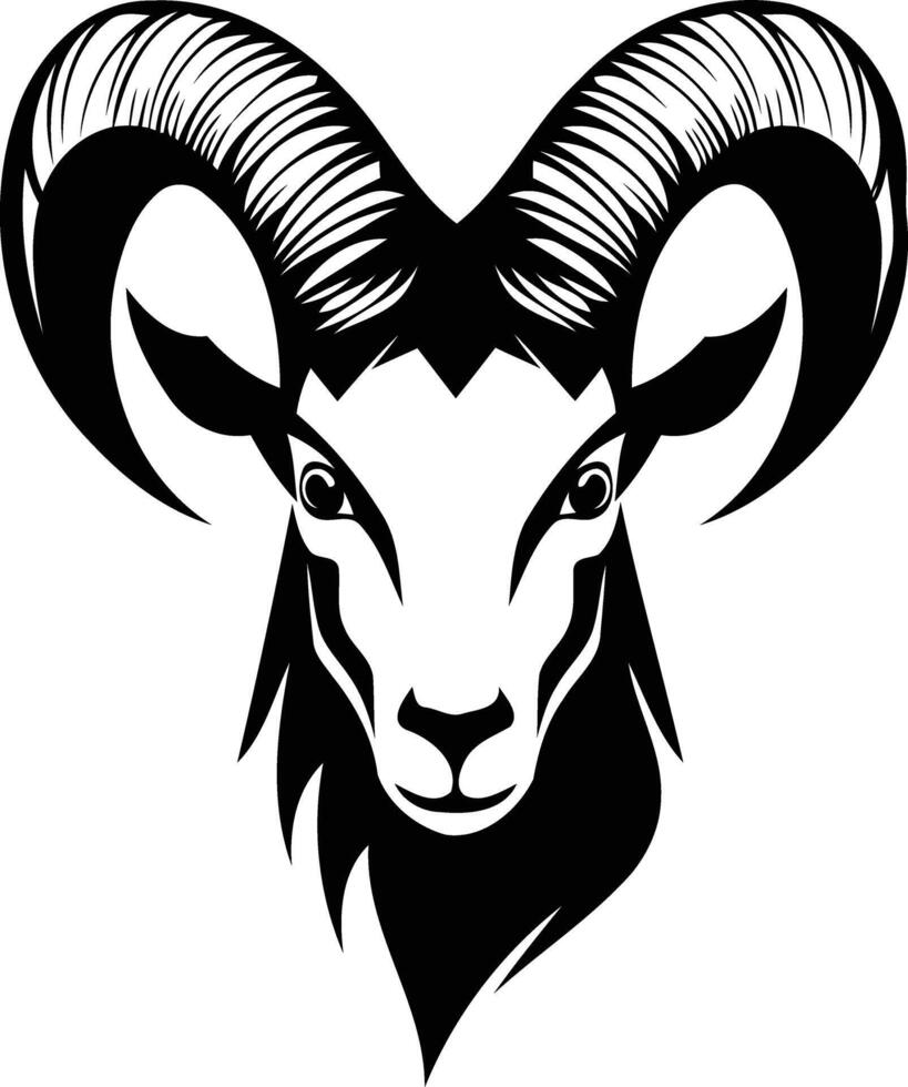 Black and white illustration of a ram's head with large horns, perfect for tattoo designs, logos, and branding vector