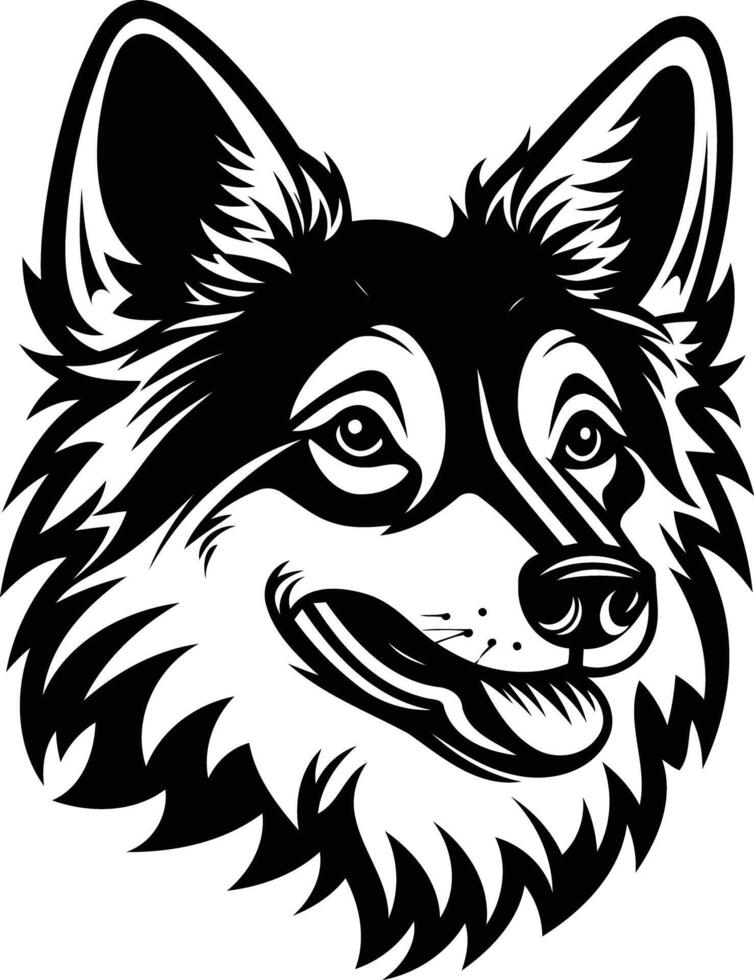 Black and white element illustration of a friendly dog's head with a happy expression vector