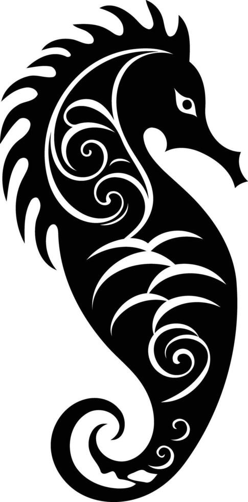 Elegant black and white illustration of a stylized seahorse with intricate swirls and patterns vector