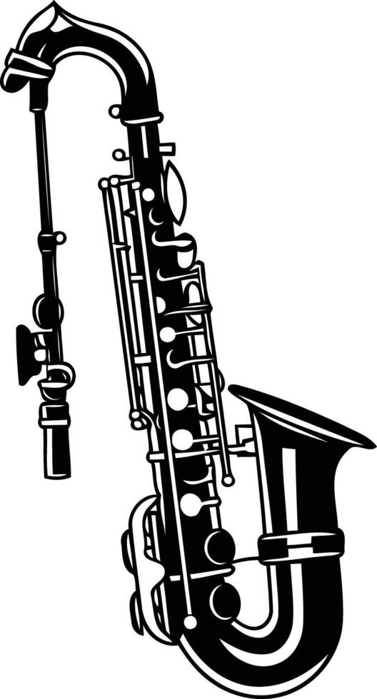 Black and white silhouette illustration of a saxophone with a microphone vector
