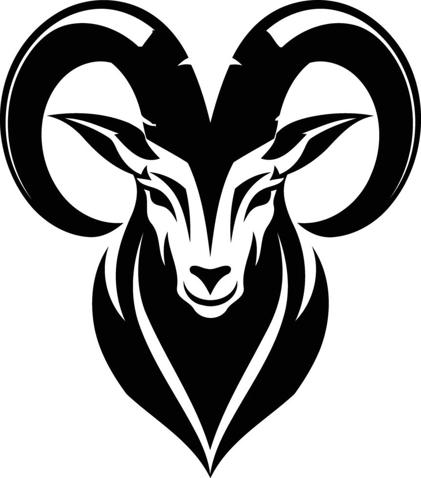 A striking black and white illustration of a ram's head, featuring intricate details and a powerful silhouette vector