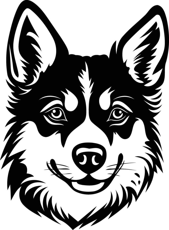 A striking black and white illustration of a siberian husky's head, featuring a friendly smile vector