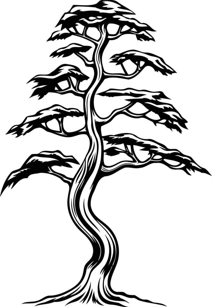 Black and white illustration of a stylized bonsai tree vector