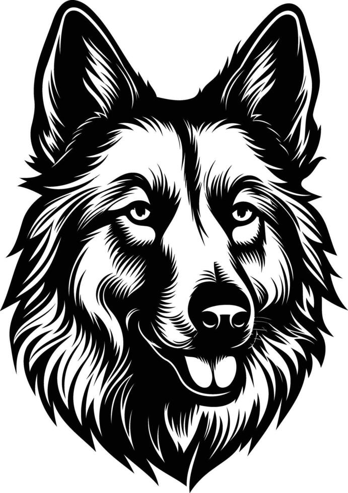 A striking black and white illustration of a dog's head, perfect for tattoos, t-shirts, or branding vector
