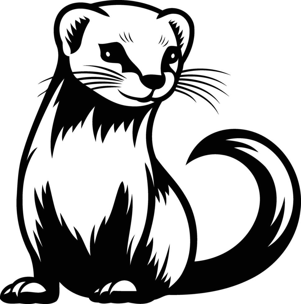 Black and white element illustration of a cute weasel sitting in profile vector