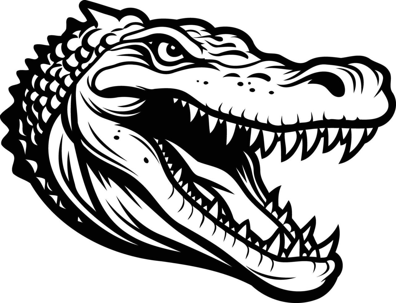 A fierce and detailed black and white illustration of an alligator's head, showcasing its sharp teeth and menacing expression vector