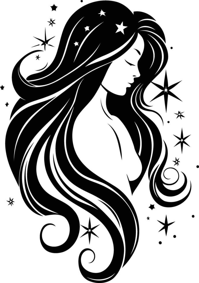 Elegant black and white silhouette of a woman with flowing hair adorned with stars vector