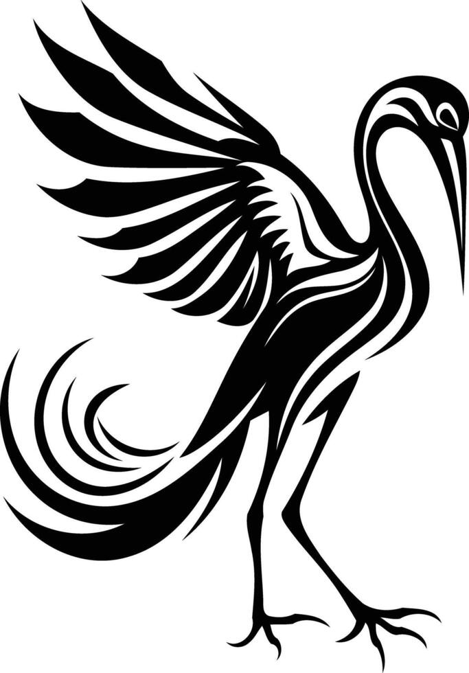 Black and white stylized illustration of a crane with wings spread, perfect for tattoo design, or as a symbol of grace and elegance vector