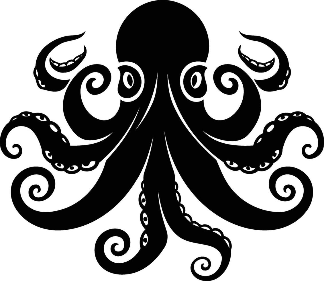 Black and white illustration of a stylized octopus with curled tentacles vector