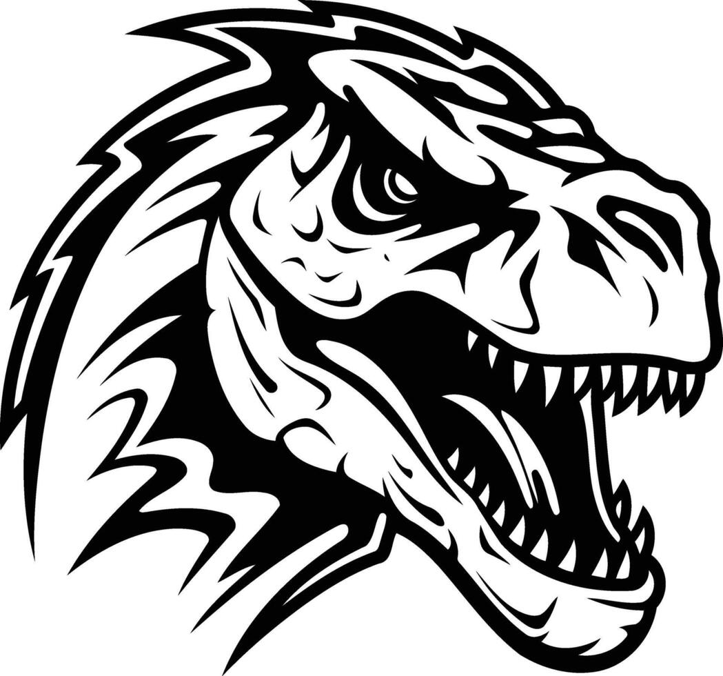 Fierce and detailed black and white illustration of a roaring t rex head, perfect for t shirt designs, tattoos, and branding vector