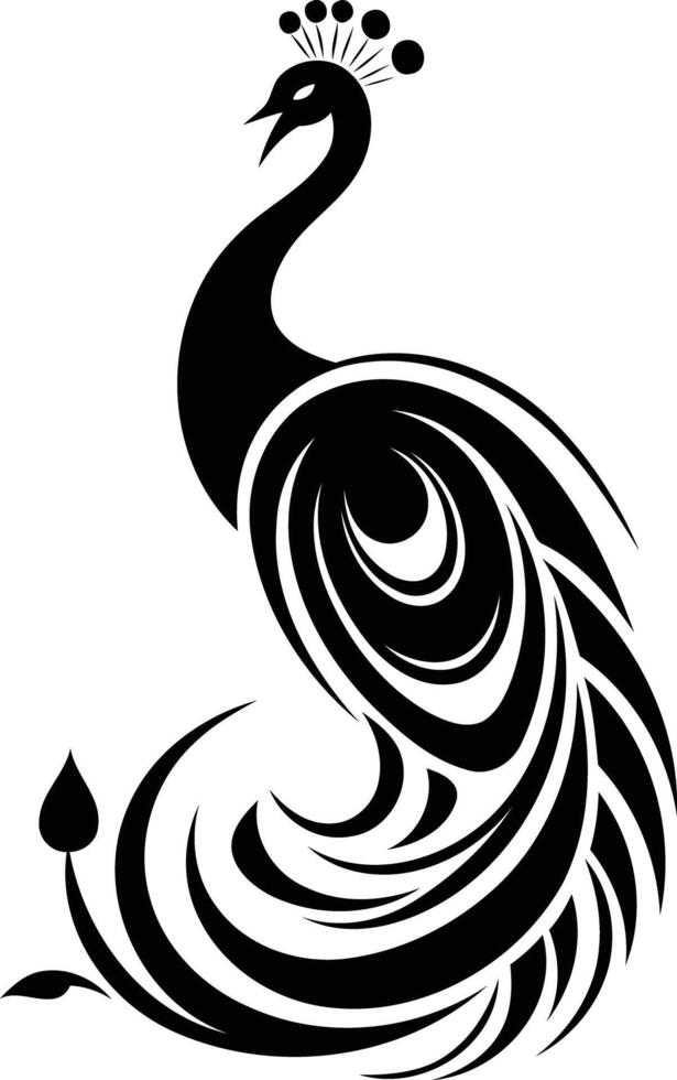 Elegant black and white peacock silhouette, perfect for logo design, branding, or decorative elements vector