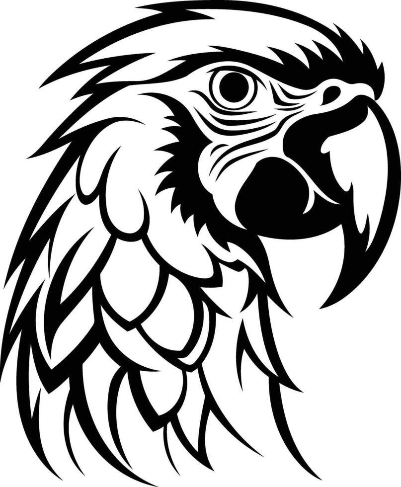 Black and white tattoo design of a parrot's head with detailed feathers vector