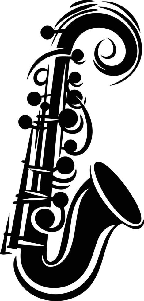 A stylized black and white silhouette of a saxophone, perfect for jazz themed designs, musical posters, or tattoo inspiration vector