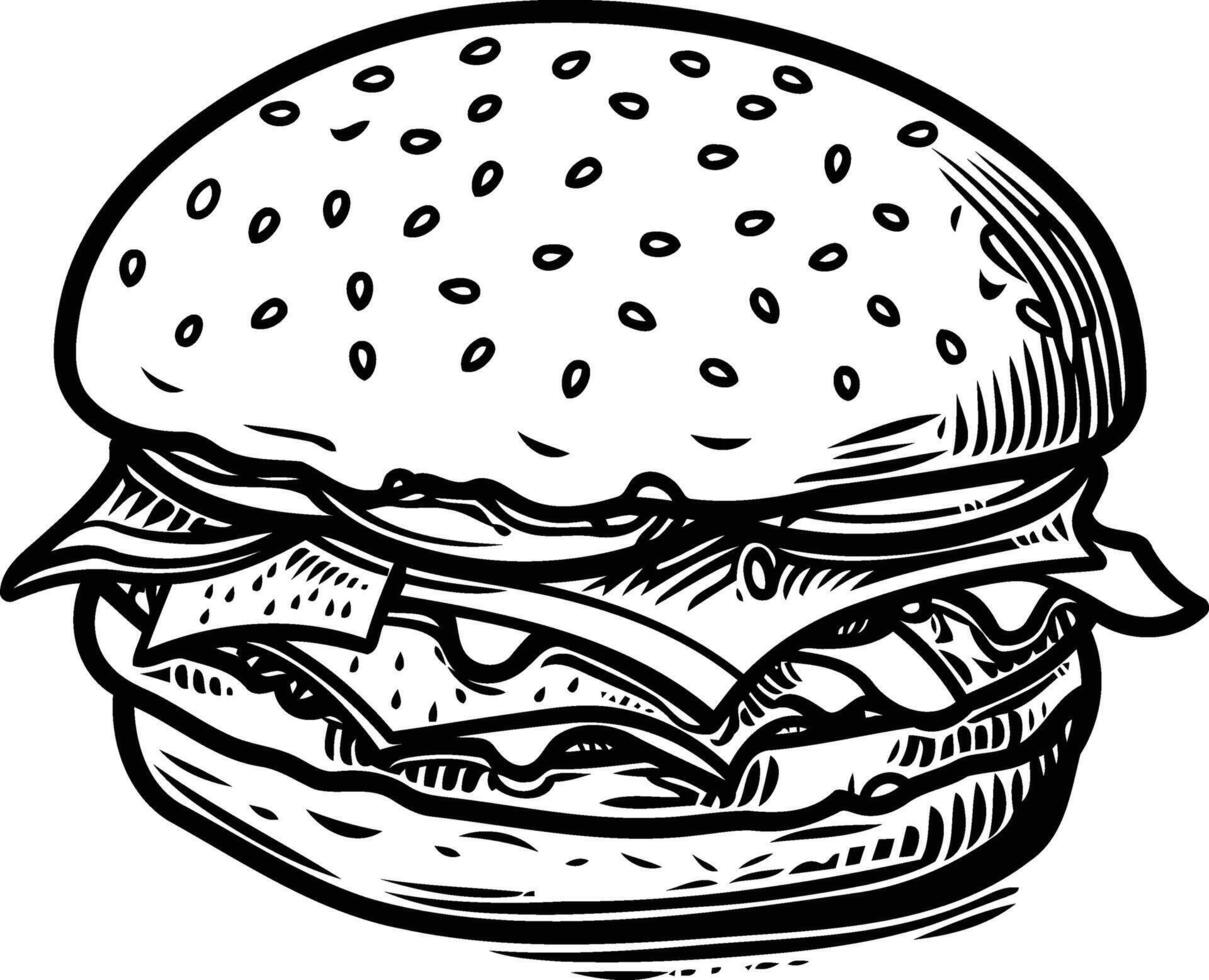 A classic, hand drawn illustration of a juicy burger with sesame seed bun, perfect for vintage food branding, menus, or t shirt designs vector