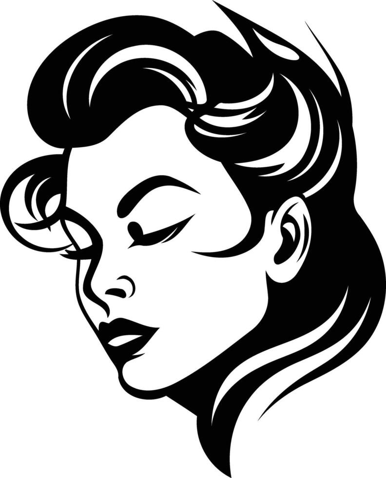 A stylized black and white illustration of a woman's face, showcasing her delicate features and flowing hair vector