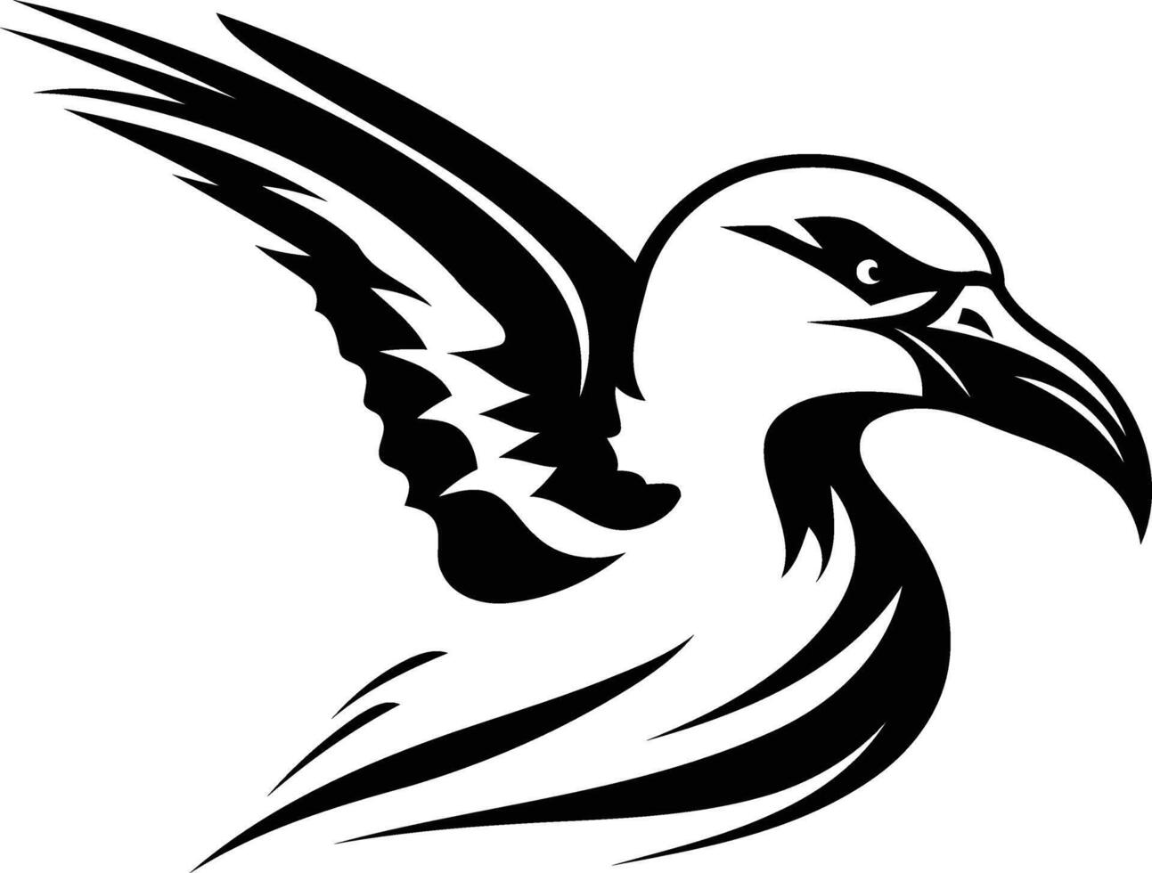A powerful black and white stylized illustration of a bird in flight, perfect for tattoo designs, logos, or branding vector