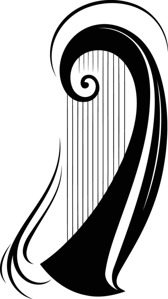 Simple black and white illustration of a harp with a decorative flourish vector