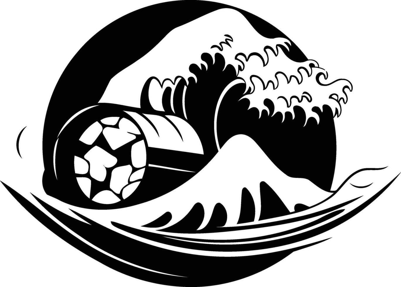 A striking black and white illustration of a wave crashing over a soccer ball vector