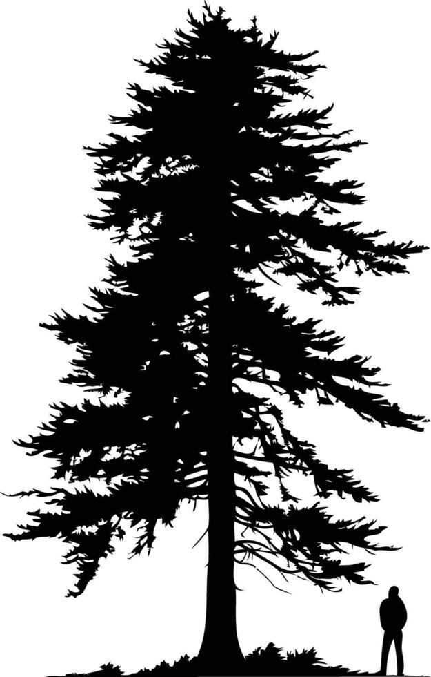 A striking silhouette of a solitary pine tree with a small figure standing beneath its branches vector