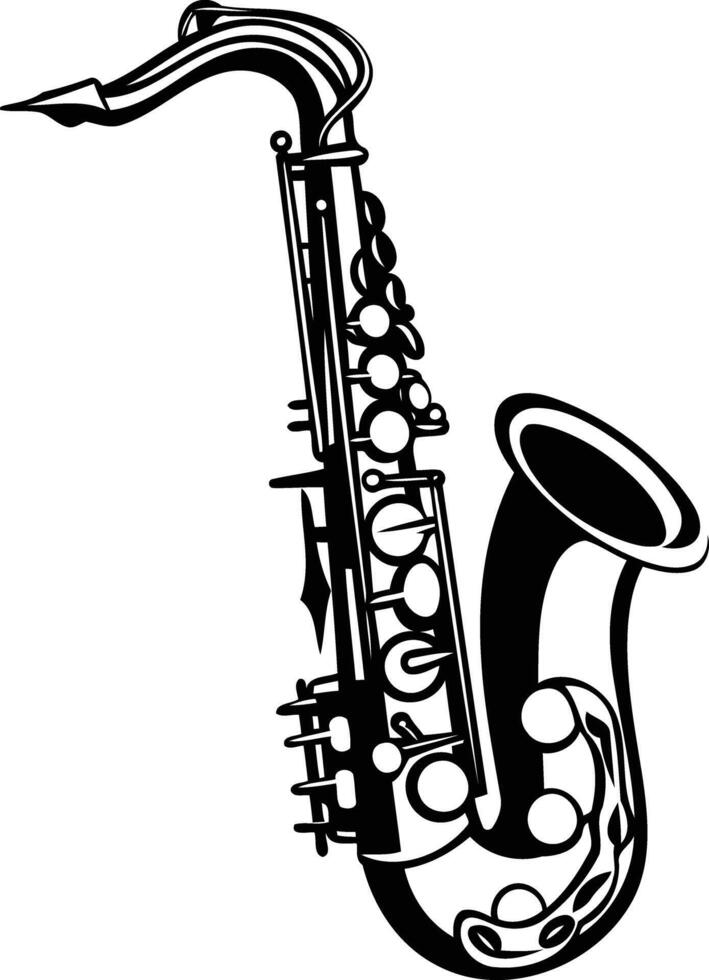 A bold, black and white silhouette of a saxophone, perfect for jazz themed designs, music posters, or vintage inspired projects vector