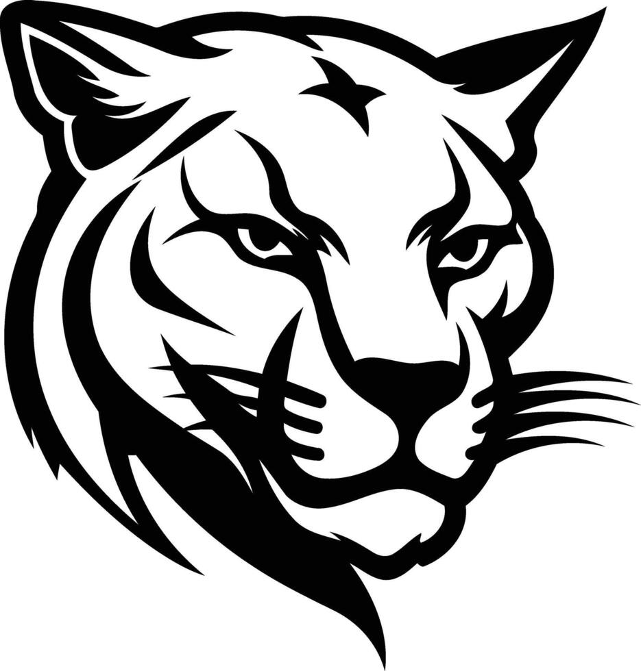 A fierce black and white illustration of a cougar's head, perfect for tattoos, logos, or any design project needing a powerful, wild aesthetic vector