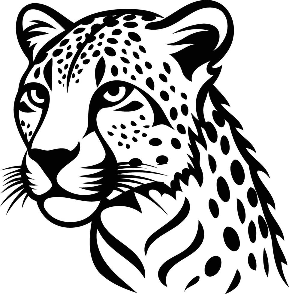 A bold and graphic black and white illustration of a cheetah's head, perfect for tattoo designs, logos, and branding vector