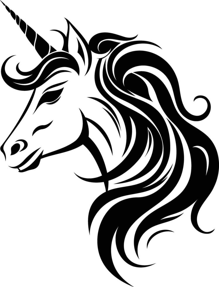 Black and white illustration of a unicorn's head with flowing mane and horn, perfect for tattoos, logos, and designs vector