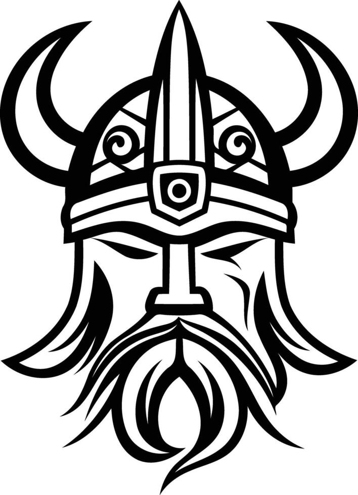 Black and white element illustration of a viking warrior's head with horned helmet, perfect for tattoo designs, branding, and graphic design projects vector