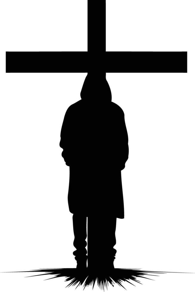 A stark silhouette of a hooded figure standing beneath a cross vector