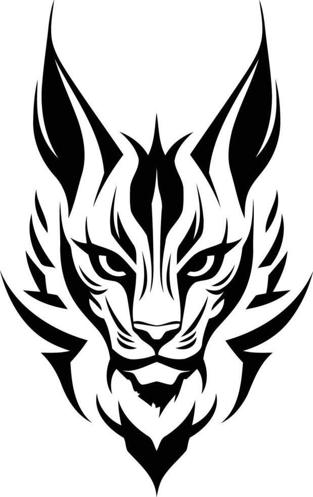 Intricate black and white tattoo design featuring a fierce lynx head with sharp details and a tribal aesthetic vector