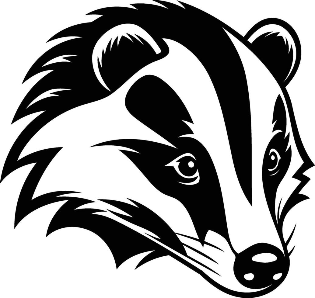 A bold and striking illustration of a badger's head in black and white vector
