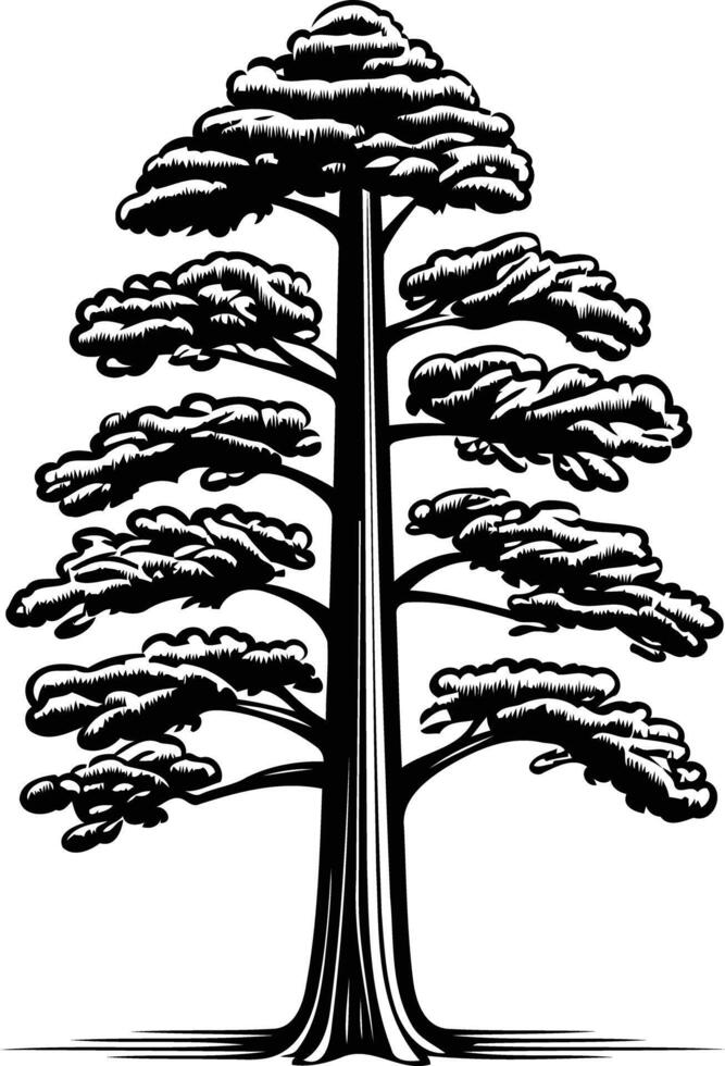 A classic black and white illustration of a tall, majestic tree with intricate branches vector
