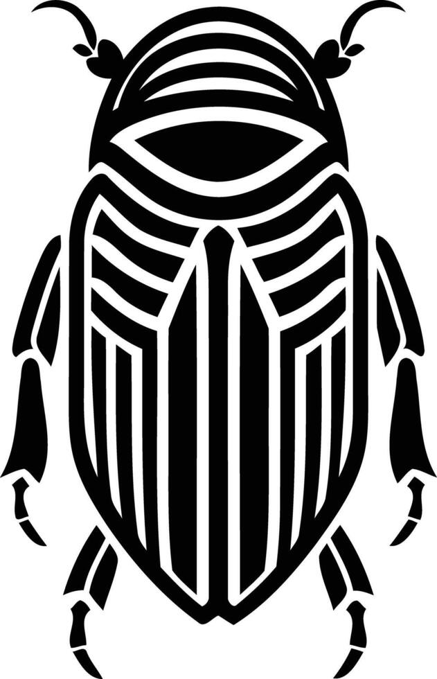 A striking black and white illustration of a beetle, rendered in a bold, graphic style vector
