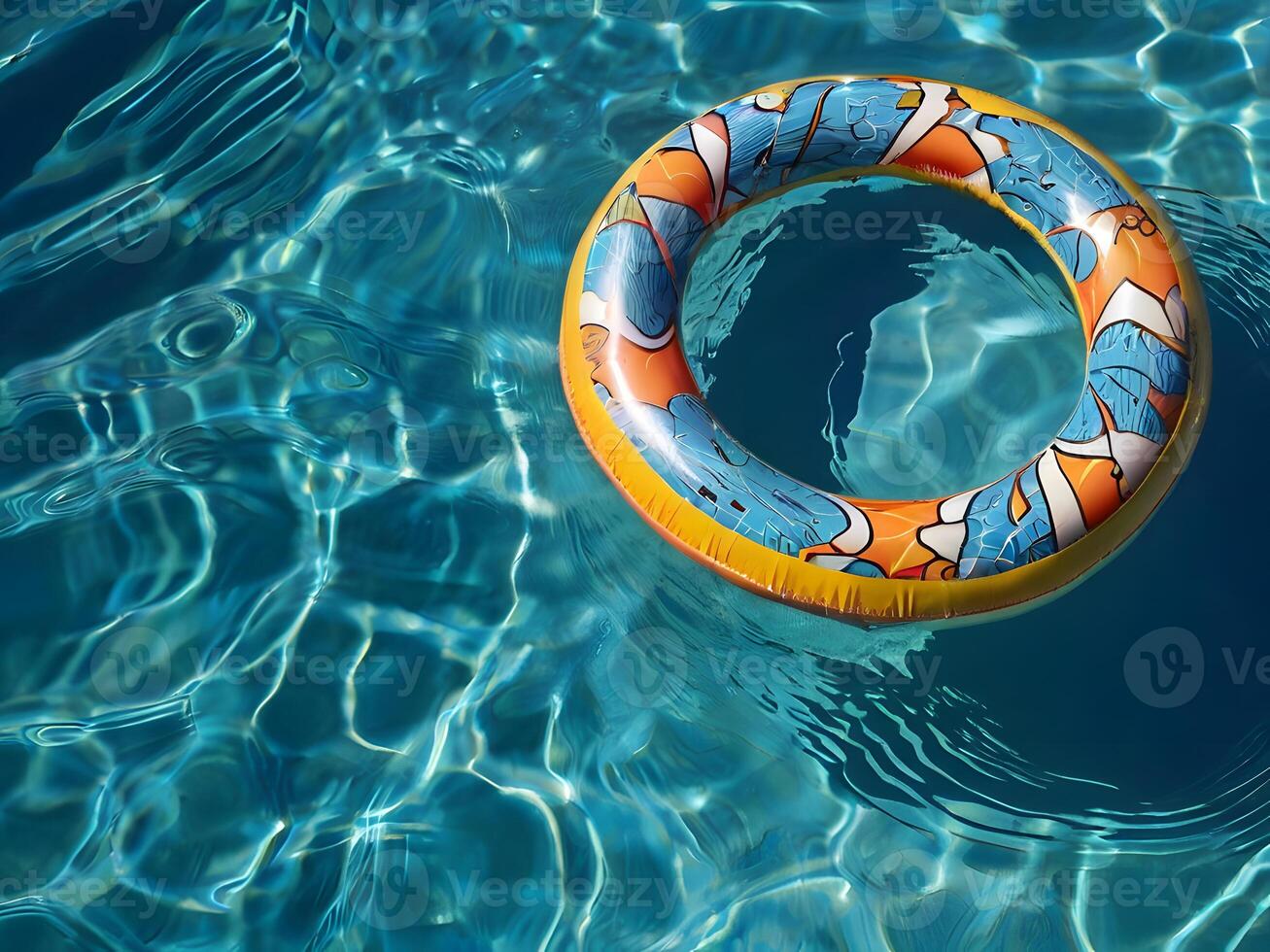 Inflatable ring in swimming pool, top view. Banner with copy space for design. summer wallpaper, blue water texture background photo