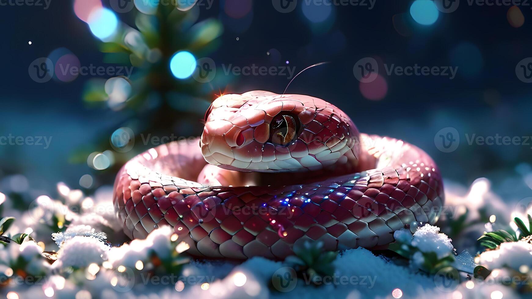 beautiful snake on winter background of snow, fir branches and Christmas blurred lights. Chinese New Year celebration and symbol lunar year 2025. New Year's Eve according to the Eastern horoscope photo