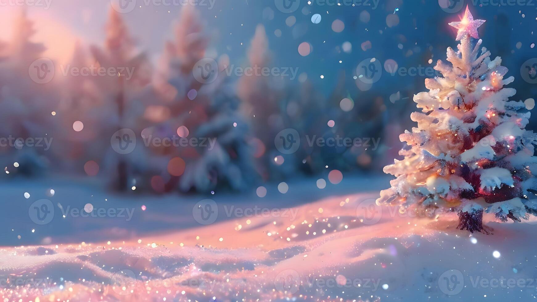 sunny winter banner layout with background of forest, fir trees, snowdrifts, blurred lights and copy space. Happy New year and marry Christmas greeting card template photo