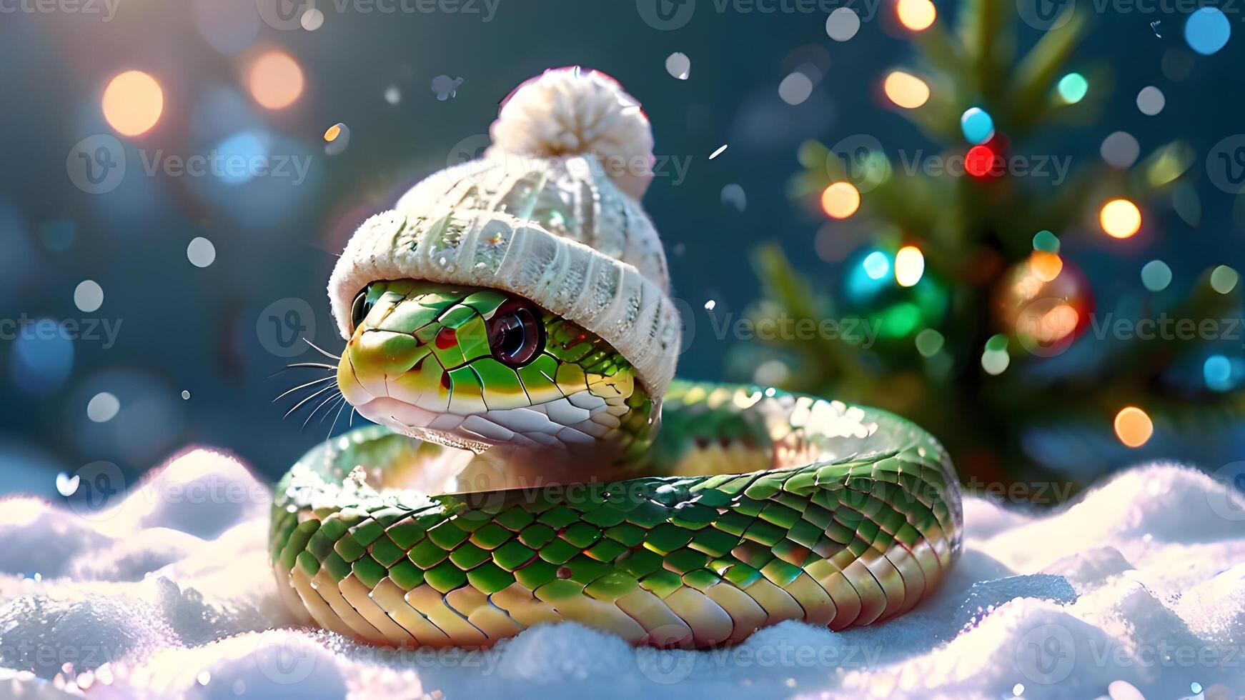green snake in a New Year's hat on winter background. symbol of lunar year 2025, horoscope mascot. Marry Christmas and happy New Year photo