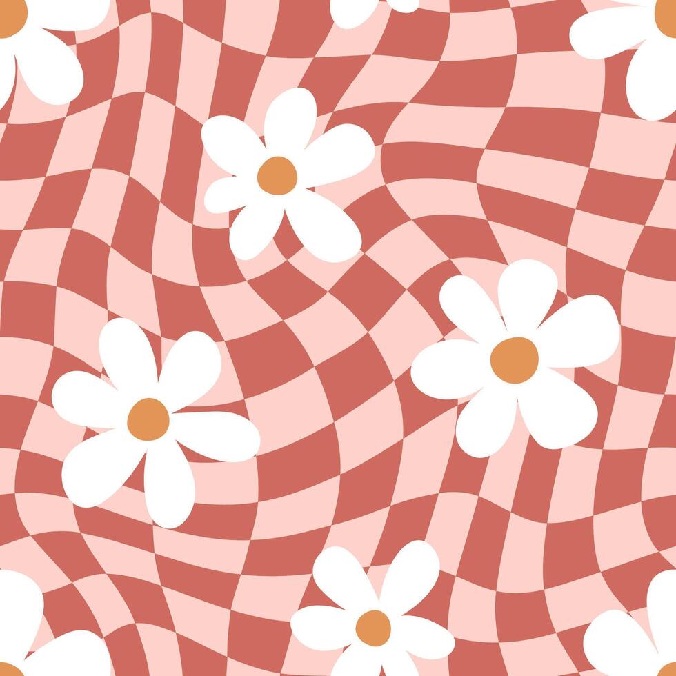 Seamless pattern with daisy flowers on a wavy background. Hand drawn groovy vintage background. Perfect for textile, wallpaper or print design. vector