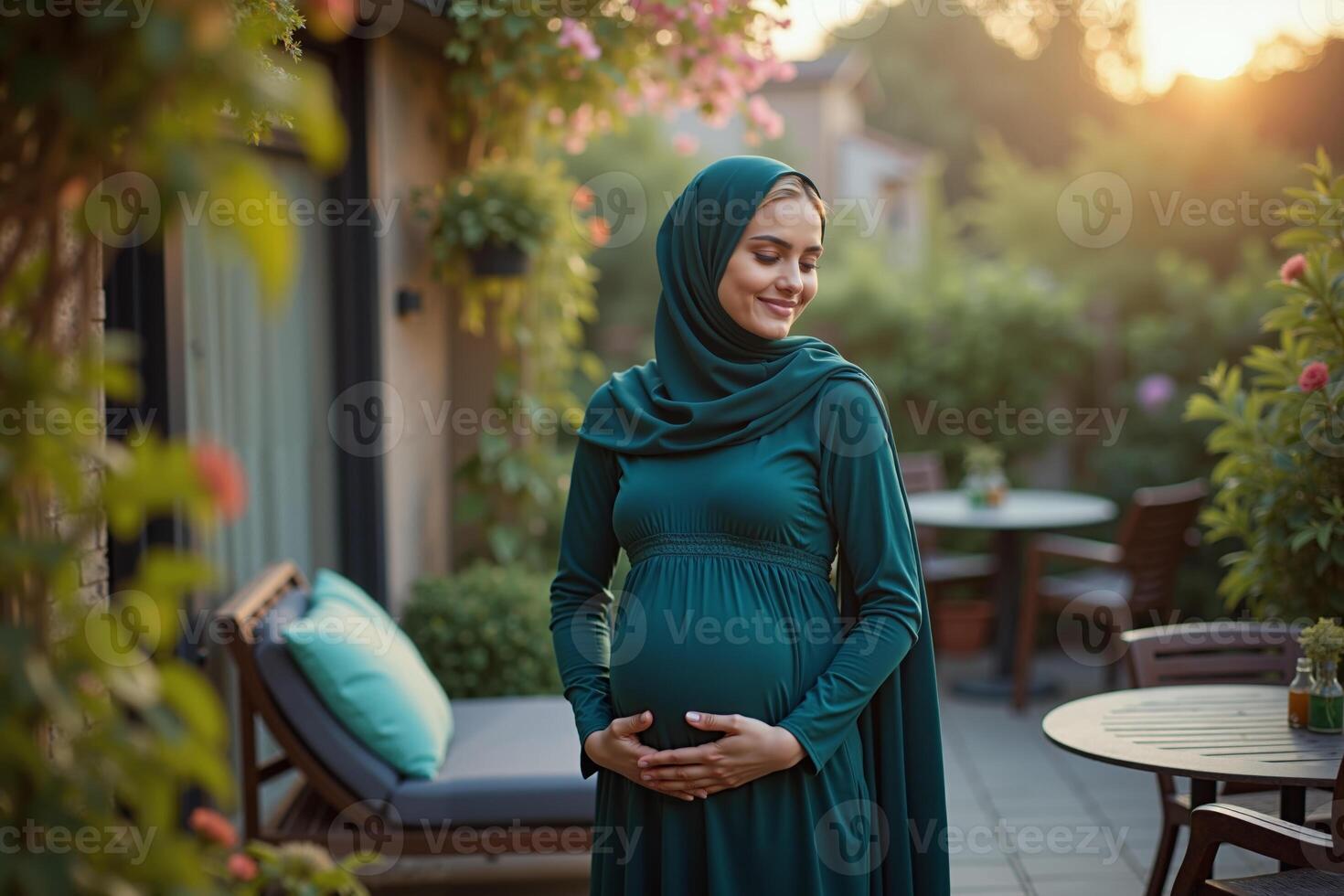photo of pregnant woman standing pose at her fresh backyard house,