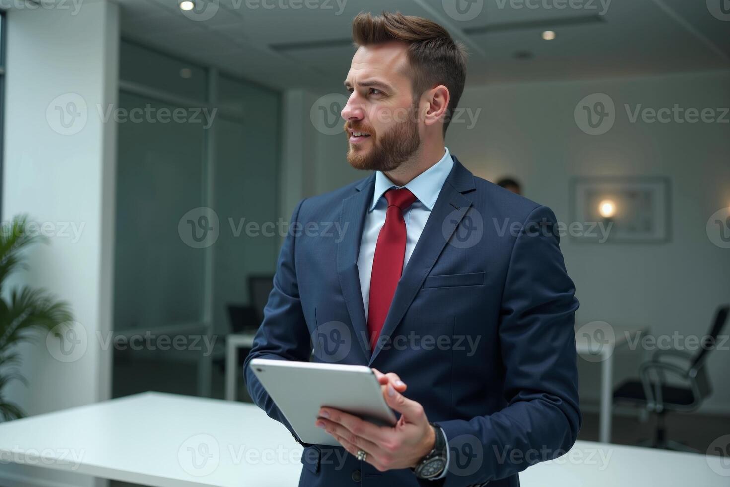 photo of man in navy suit outfit and red tie holding tablet in the office,
