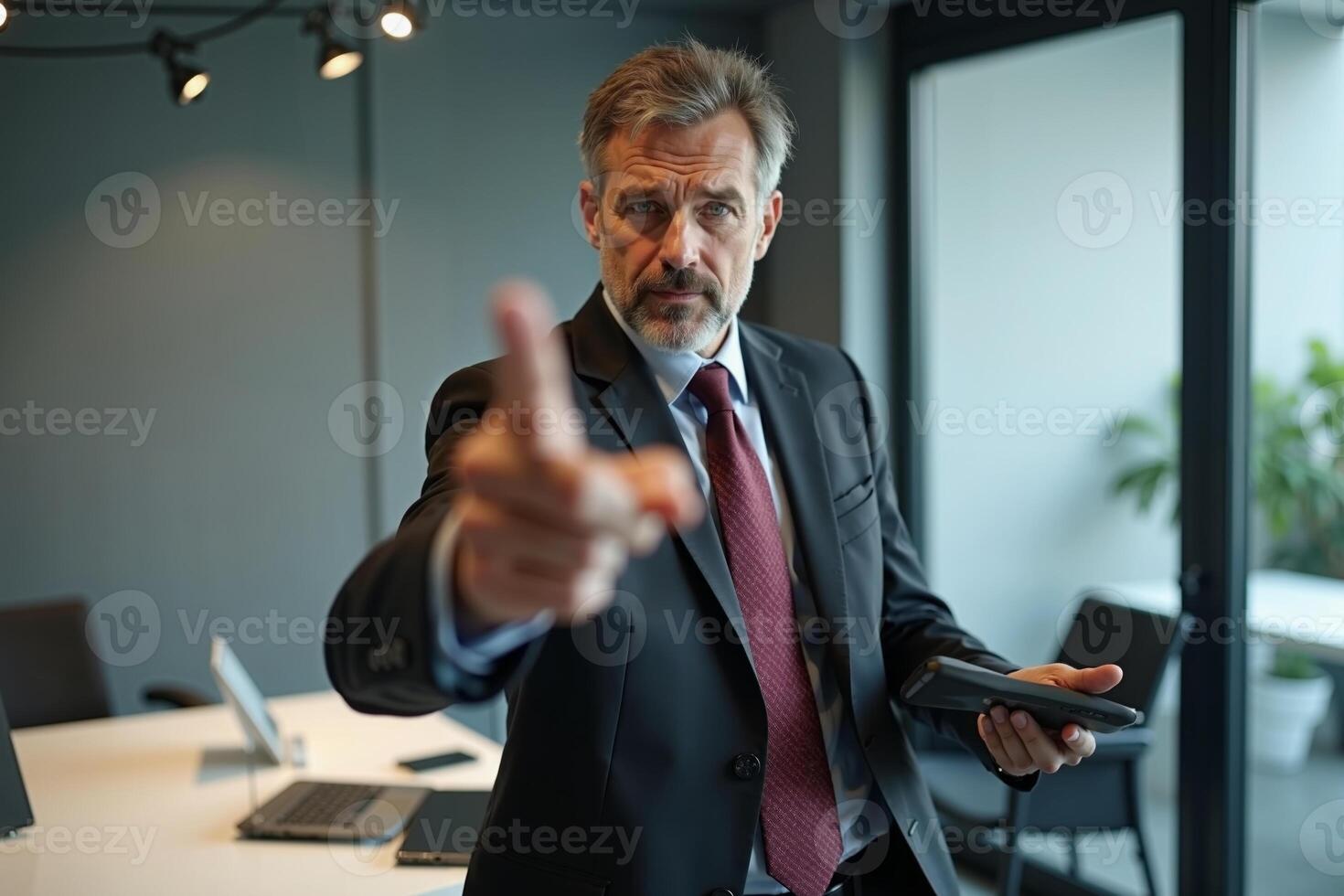 photo of man in suit outfit pointing index finger in the office,