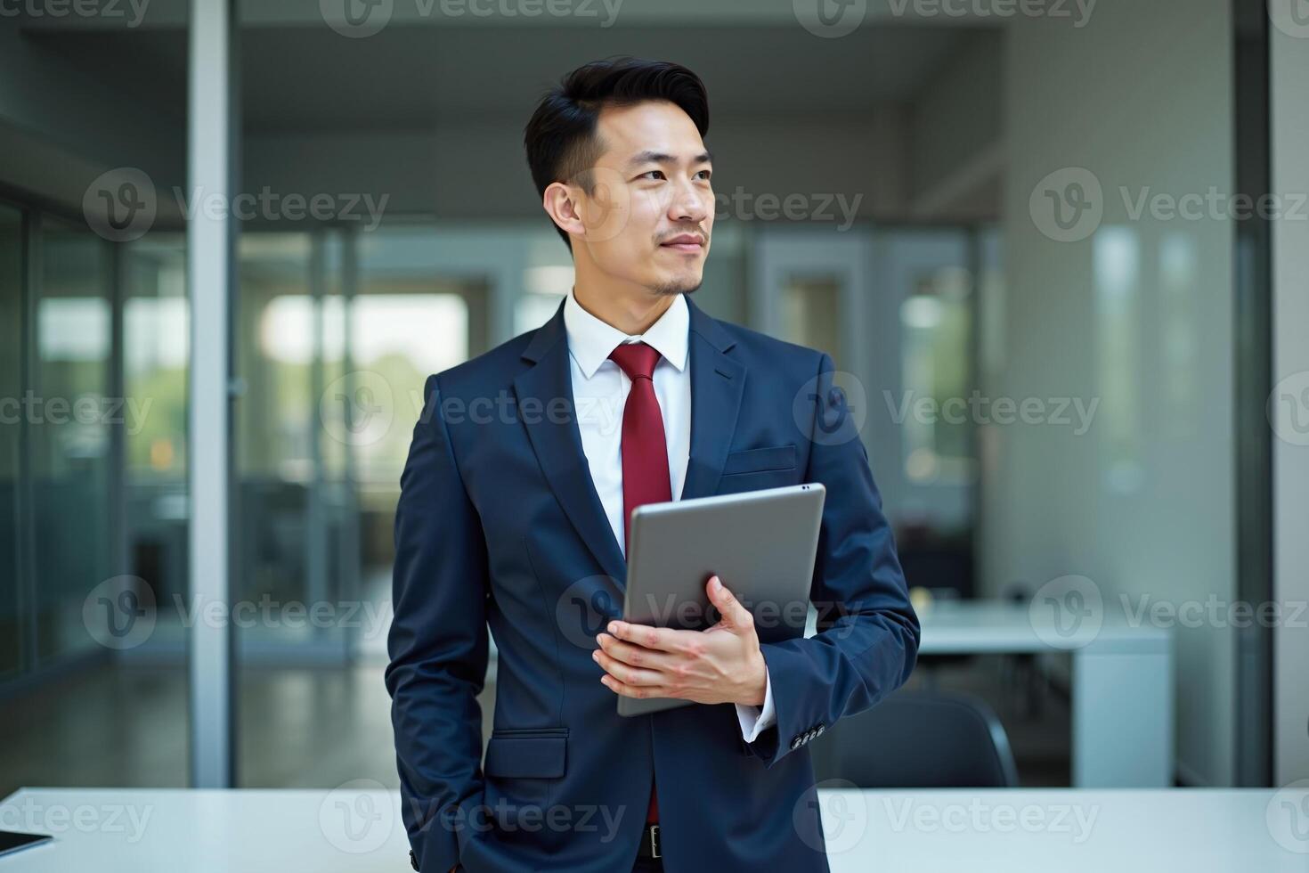 photo of man in navy suit outfit and red tie holding tablet in the office,