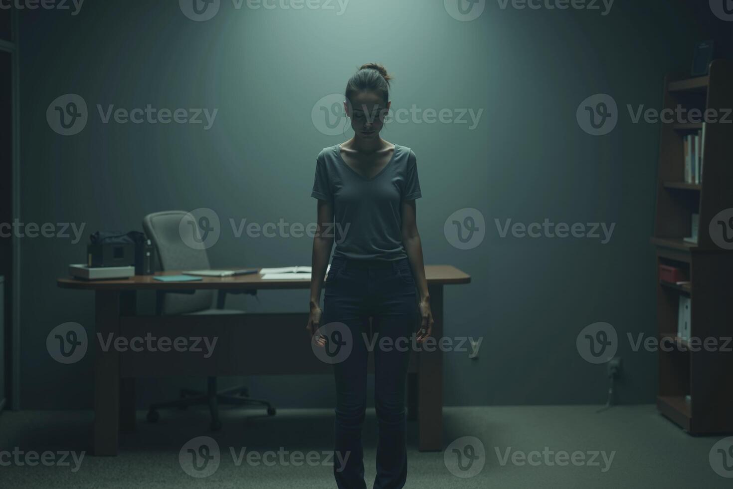 photo of woman in outfit with calming pose in the house,