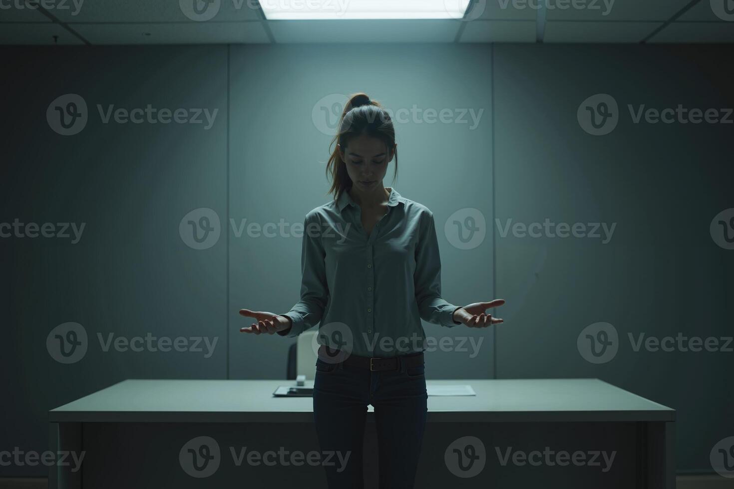 photo of woman in outfit with calming pose in the house,