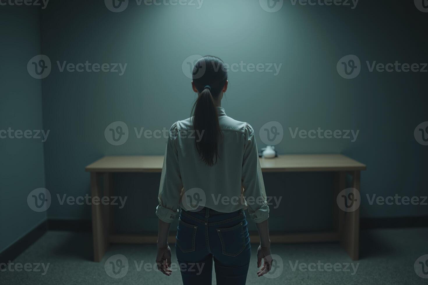 photo of woman in outfit with calming pose in the house,